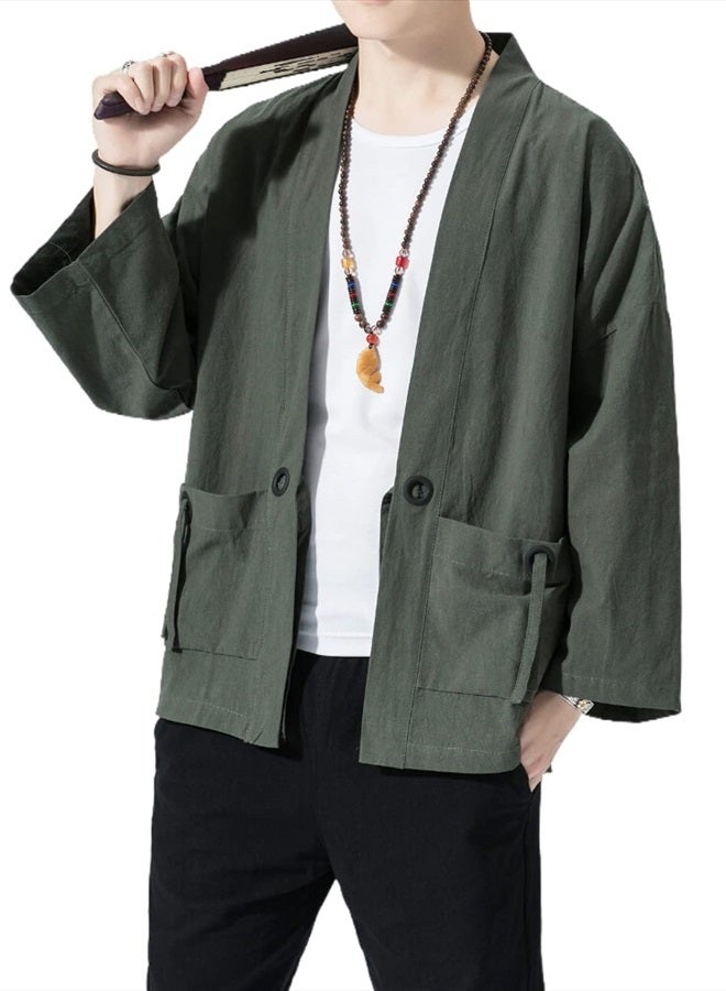 Ambcol Men's Japanese Kimono Cardigan Loose Cotton Linen 3/4 Sleeve Open Front Casual Summer Shirt Jackets 01- Army Green Medium  - Image 2