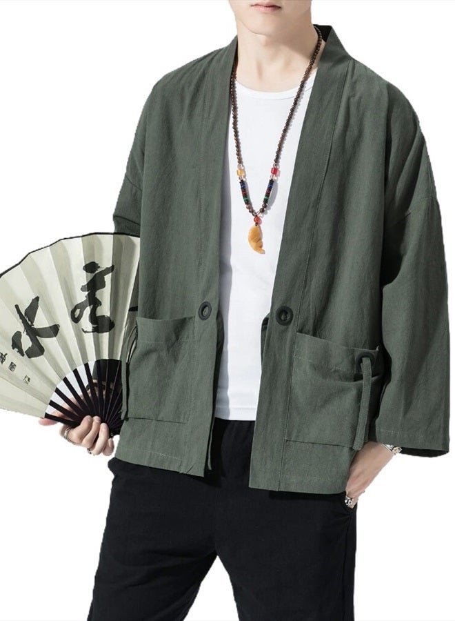 Ambcol Men's Japanese Kimono Cardigan Loose Cotton Linen 3/4 Sleeve Open Front Casual Summer Shirt Jackets 01- Army Green Medium  - Image 3