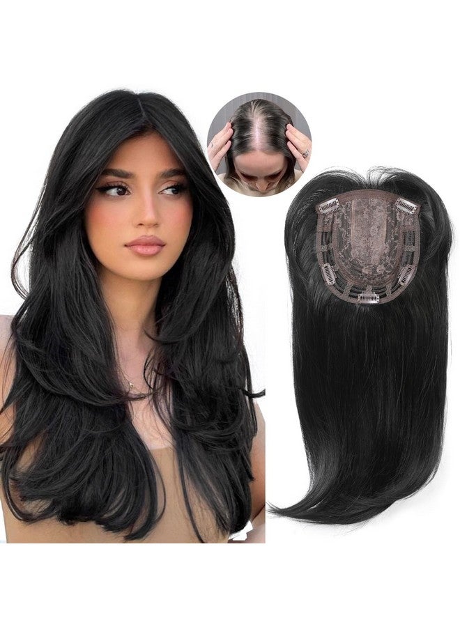 HOOJIH Hair Topper, Long Layered Hair Topper With Bangs For Women With Thinning Hair 18 Inch Slightly Curled Ends Wiglets Synthetic Fiber Hair Pieces For Women - Black - Image 1