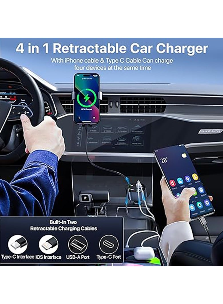 Retractable Car Charger 120W, 4 in 1 Fast Charge Car Phone Charger, Retractable Cable (31.5 inch) and 2 USB Ports Car Charger Adapter Compatible with iPhone 16/15/14/13/12 Pro Max XR,iPad,Pixel  - Image 2