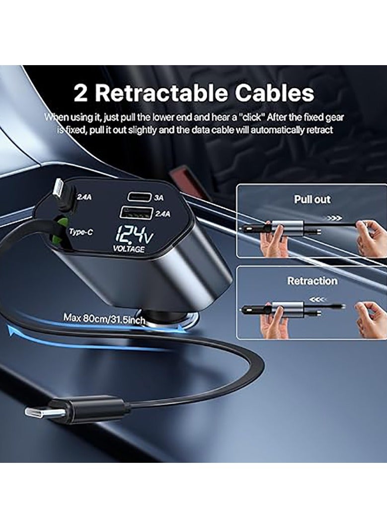 Retractable Car Charger 120W, 4 in 1 Fast Charge Car Phone Charger, Retractable Cable (31.5 inch) and 2 USB Ports Car Charger Adapter Compatible with iPhone 16/15/14/13/12 Pro Max XR,iPad,Pixel  - Image 3