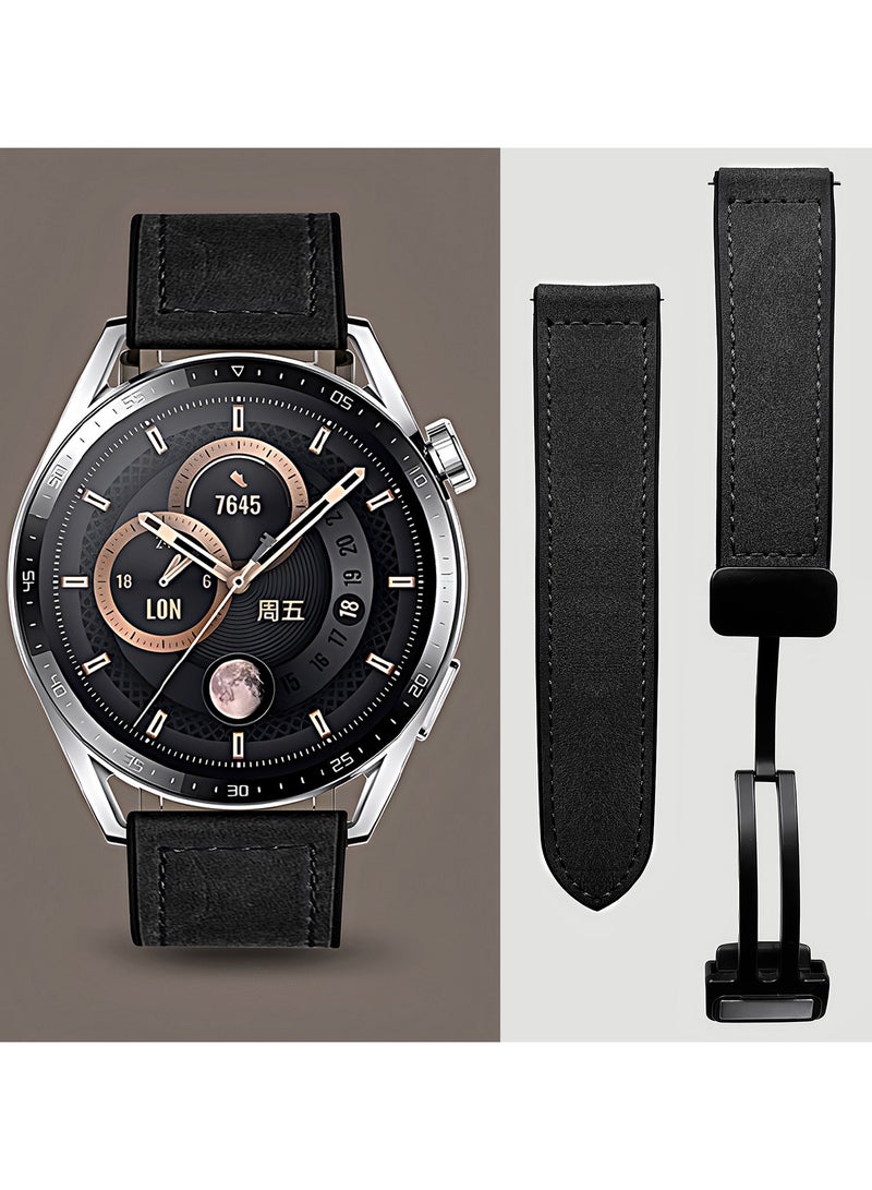 TDZDDYS TDZDDYS 22mm Leather Watch Strap with Magnetic Buckle Design, Compatible with Huawei GT3/4 46mm, GT3 Pro, Huawei Watch 3, GT2e, GT2 Pro, GT2 42/46mm, Samsung Galaxy Watch 3 45mm/Gear S3(Black)  - Image 1