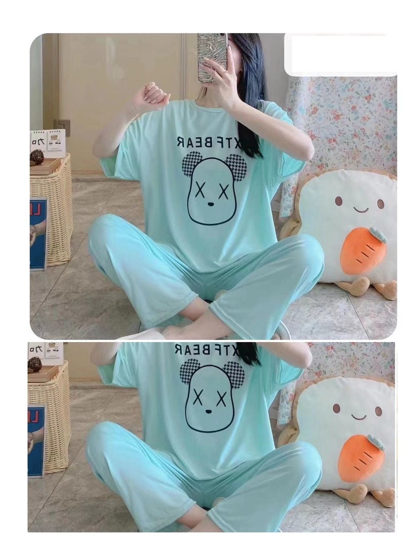 BAIG - Short Sleeve Trousers 2 Pieces set Women's Nightwear Pajama & Shirt Cute Female  Summer Anime Nylon Cartoon Wear Outside Tracksuit Set - Image 1