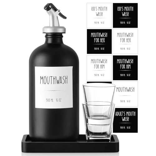 CMLKLZD Glass Mouthwash Dispenser for Bathroom, 16 OZ Mouth Wash Bottle Container with Pour Spout & Reusable Mouthwash Cups & Wood Tray & Labels, Black Bathroom Kitchen Decor and Accessories - Image 1