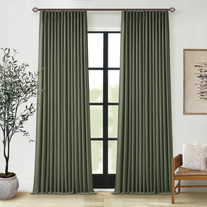 TWODRAPES Olive Green Pleated Linen Blackout Curtains 102 Inches Long for Bedroom Living Room Pinch Pleat Black Out Thermal Insulated Ring Hooks Room Darkening Drapes Dark Green Curtains with Liner 40x102 - Image 1