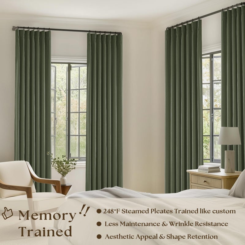 TWODRAPES Olive Green Pleated Linen Blackout Curtains 102 Inches Long for Bedroom Living Room Pinch Pleat Black Out Thermal Insulated Ring Hooks Room Darkening Drapes Dark Green Curtains with Liner 40x102 - Image 2