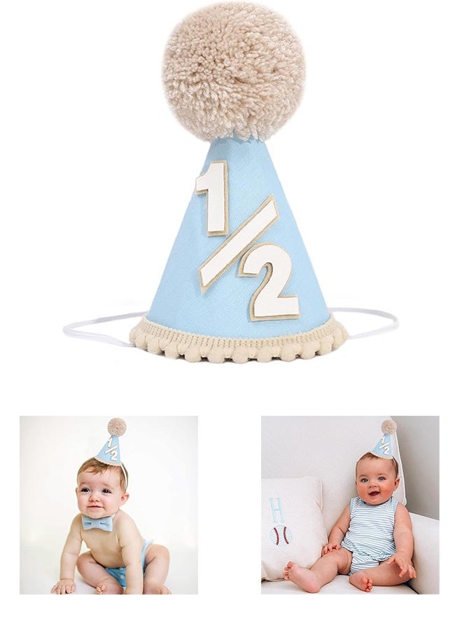 YJ Baby Half Birthday Hat Blue 1/2 Cone Party Hat with Pom Pom 6 Month Milestone Photo Prop for Boys, Cake Smash, Baby Shower, Half Birthday Celebration,Photoshoot - Image 1