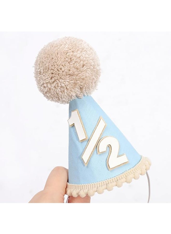 YJ Baby Half Birthday Hat Blue 1/2 Cone Party Hat with Pom Pom 6 Month Milestone Photo Prop for Boys, Cake Smash, Baby Shower, Half Birthday Celebration,Photoshoot - Image 5