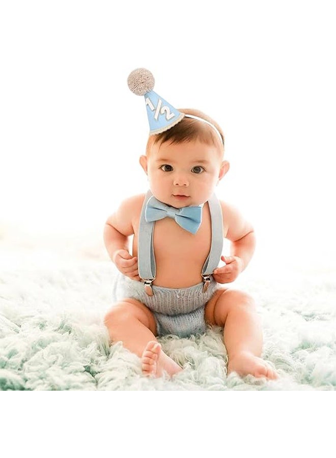 YJ Baby Half Birthday Hat Blue 1/2 Cone Party Hat with Pom Pom 6 Month Milestone Photo Prop for Boys, Cake Smash, Baby Shower, Half Birthday Celebration,Photoshoot - Image 3