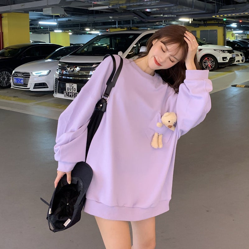 Autumn and Winter New Korean Style Loose Design Sense Cute Bear Large Version Coat Long Sleeve T-Shirt Thin Sweater for Women Purple - Image 1