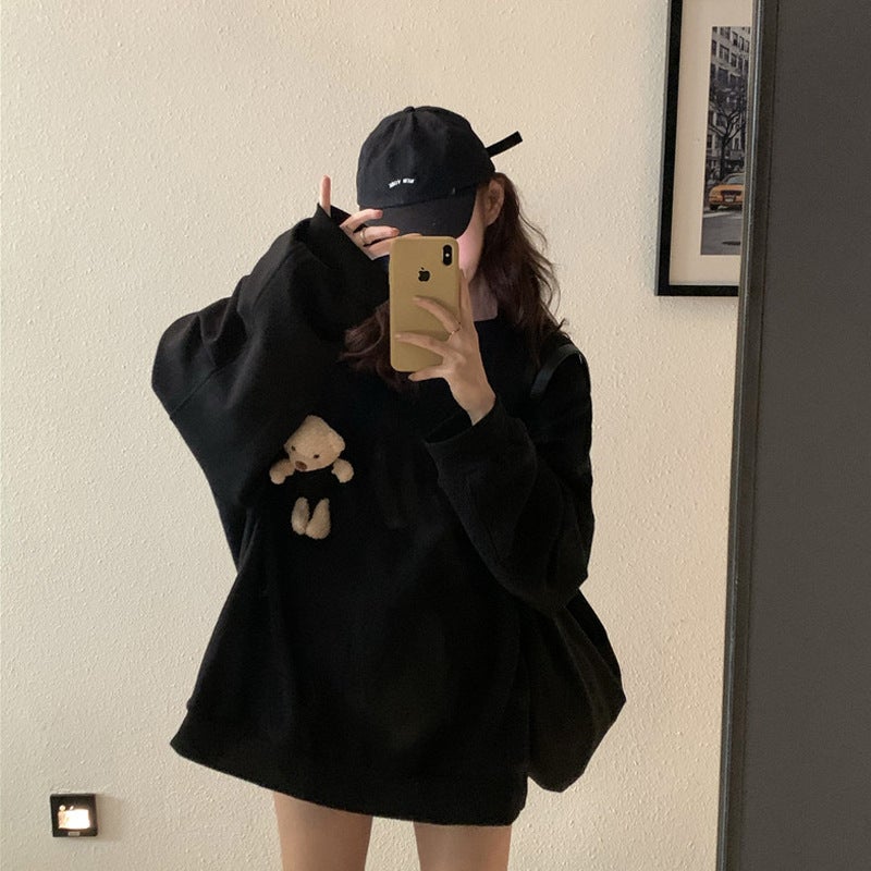 Autumn and Winter New Korean Style Loose Design Sense Cute Bear Large Version Coat Long Sleeve T-Shirt Thin Sweater for Women Purple - Image 2