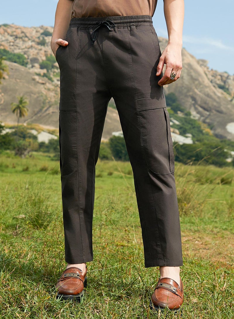 Campus Sutra Men's Umber Brown Solid Utility Trousers  - Image 2