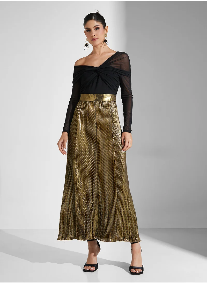 Threadz by Ajooni Off Shoulder Metallic Pleated Dress