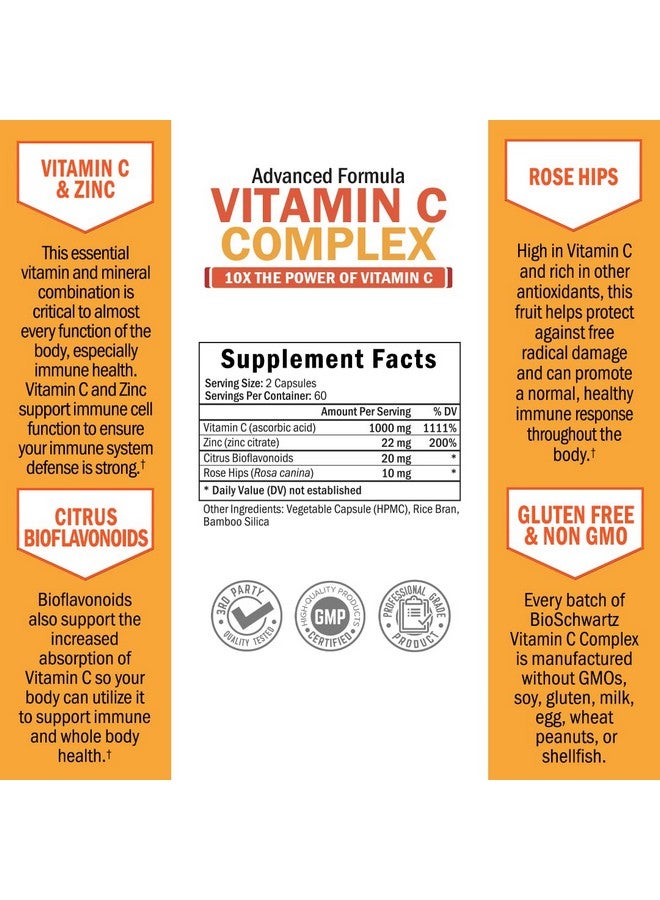 BioSchwartz Vitamin C 1000Mg Capsules With Rose Hips Zinc And Citrus Bioflavonoids (60 Day Supply) Vitamin C Complex For Adults Promotes Immune Support Glutenfree Nongmo Supplement Made In Usa 120 Count - Image 4