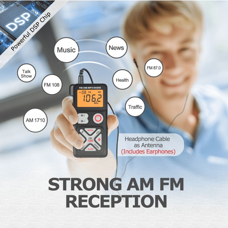راديو جيب AM FM محمول، راديو شخصي صغير مع ضبط رقمي وشاشة LCD، قابل لإعادة الشحن، أسود مع مشبك، مشغل بطاقات SD مع سماعة أذن للمشي والركض. - Image 3