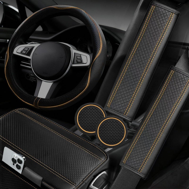 NBTEPEM 6 PCS Car Steering Wheel Cover Set, Microfiber Leather Steering Wheel Covers Universal 14.5-15 inch, Center Console Cover, Seat Belt Cushion, Cup Holder Coaster, Car Accessories Set Beige - Image 1