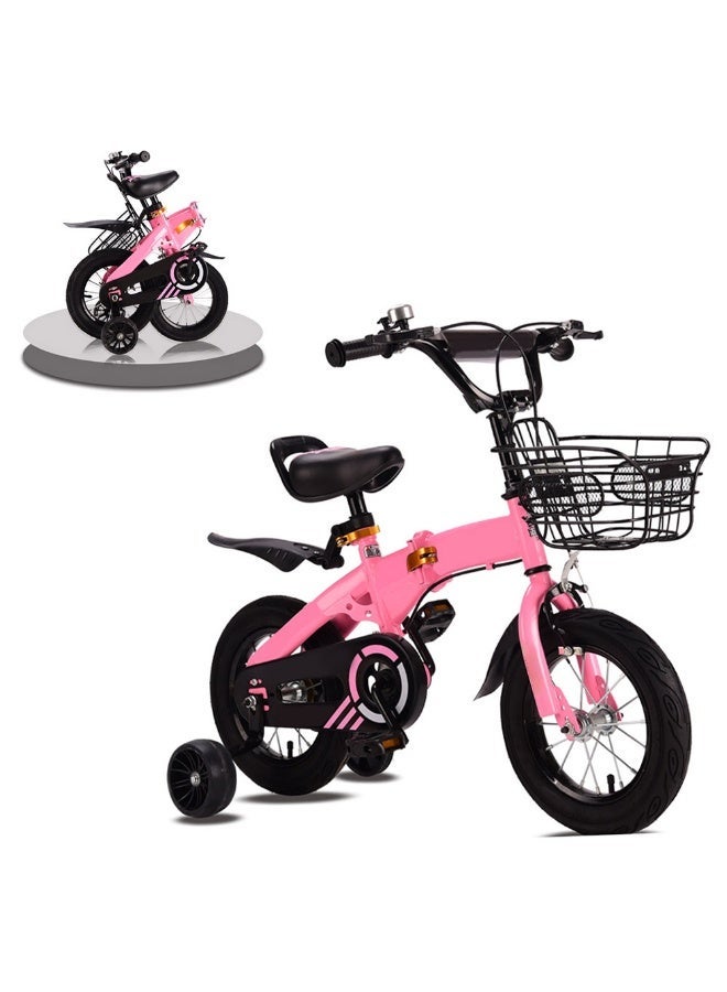 14 Inch Kids Bike, Foldable Bicycle for Kids 3-5 Years Boys and Girls, with Flashing Training Wheels and Basket, Carbon Steel Frame Bikes with Adjustable Seat (Pink)