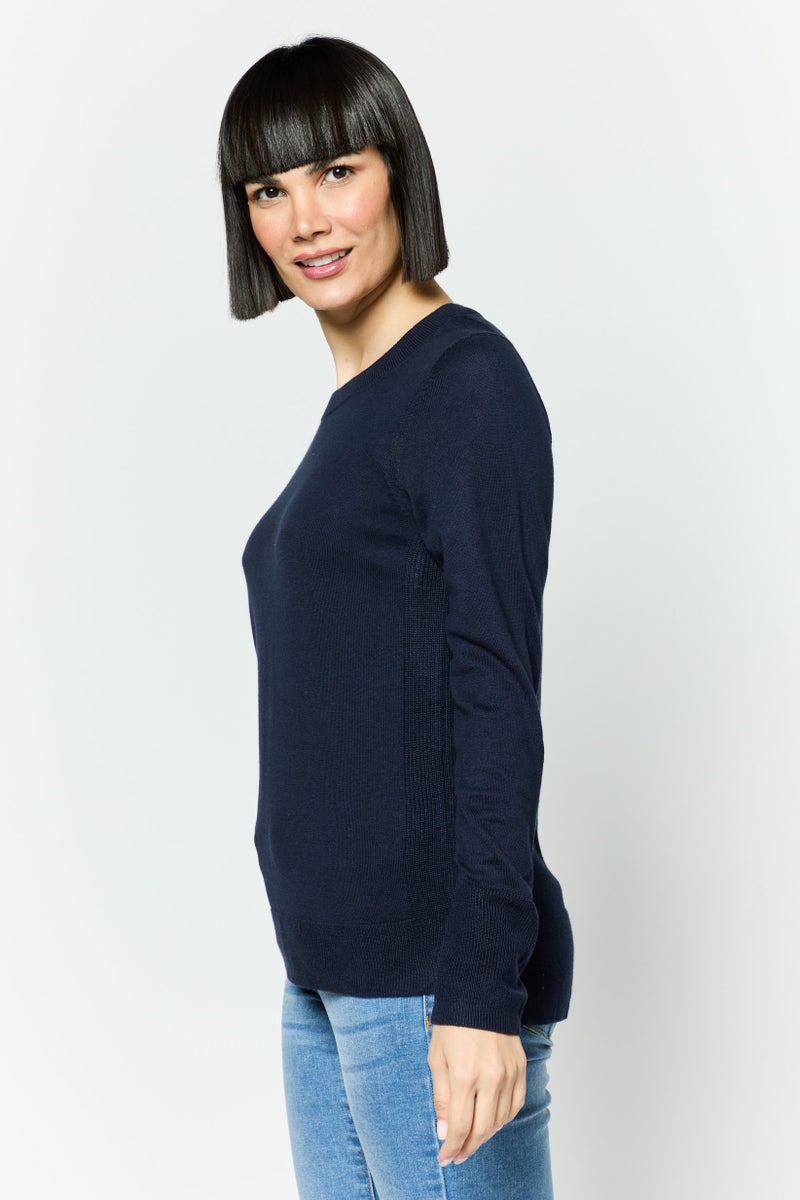 ESPRIT Women Round Neck Long Sleeves Solid Top, Navy - Image 3