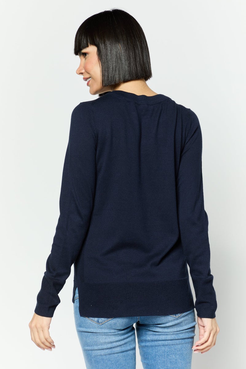 ESPRIT Women Round Neck Long Sleeves Solid Top, Navy - Image 2