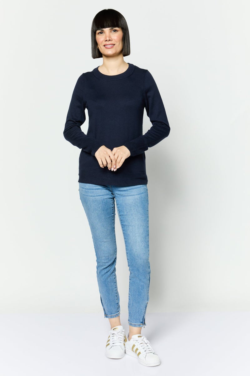 ESPRIT Women Round Neck Long Sleeves Solid Top, Navy - Image 4