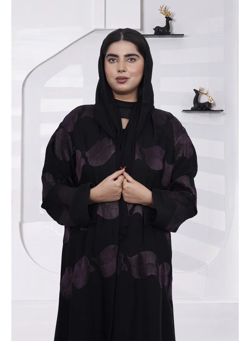 Fashion Line Women's Front-Open Classic Black Abaya with Deep Purple Wave Details – Includes Matching Sheila