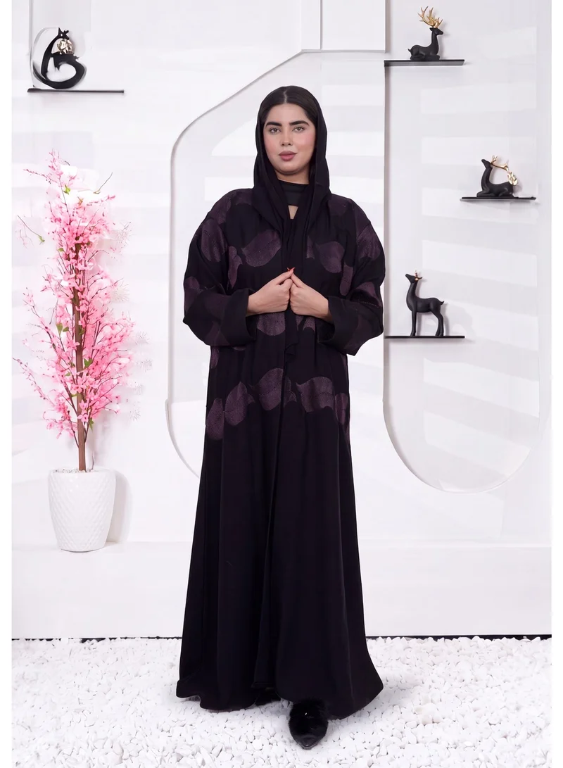 Fashion Line Women's Front-Open Classic Black Abaya with Deep Purple Wave Details – Includes Matching Sheila