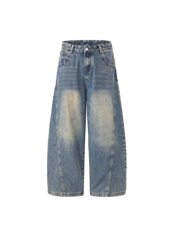 Men's American High Street Curved Patchwork Scimitar Jeans Unisex Niche Loose Trendy Wide-leg Pants