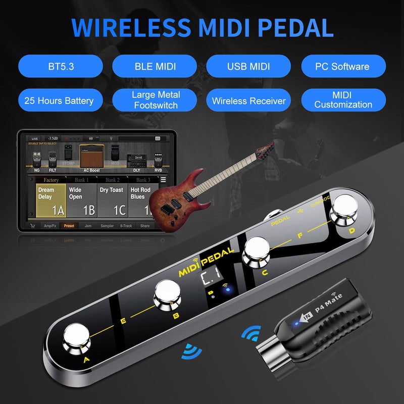 Lefiko Wireless MIDI Foot Controller Pedal with Mate MIDI Receiver, 4 Customizable Footswitches, Expression Pedal, Bluetooth & USB MIDI, PC App Programmable, 5 Modes - Works with DAWs, Synths, FX Units - Image 2