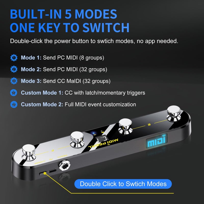 Lefiko Wireless MIDI Foot Controller Pedal with Mate MIDI Receiver, 4 Customizable Footswitches, Expression Pedal, Bluetooth & USB MIDI, PC App Programmable, 5 Modes - Works with DAWs, Synths, FX Units - Image 3