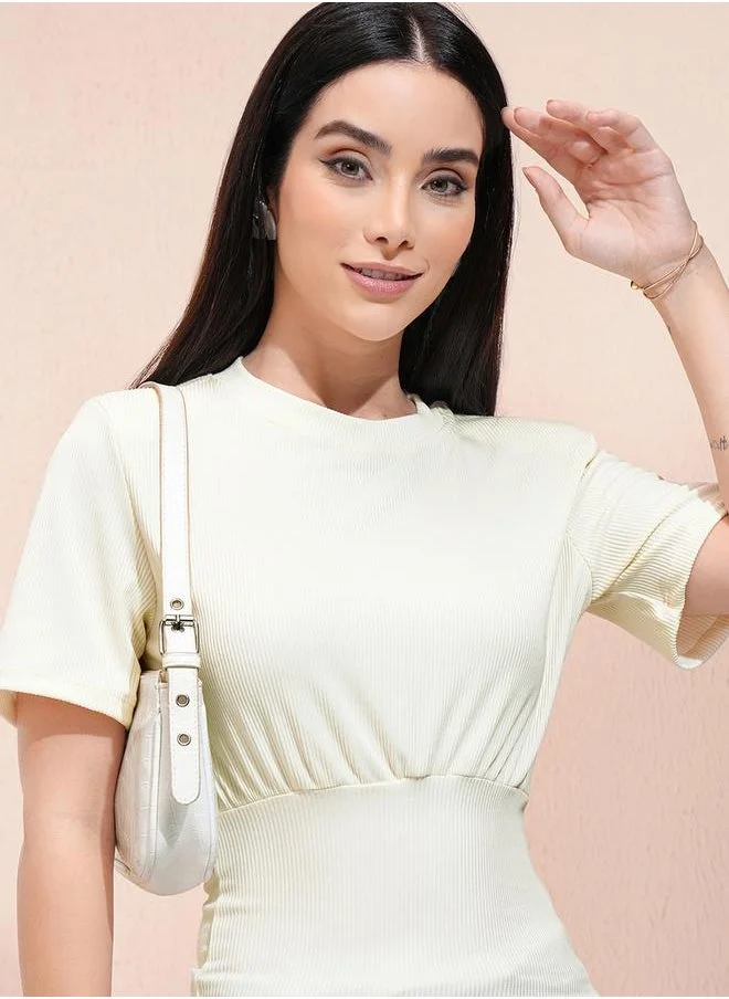 طوكيو توكيز Ribbed Round Neck Fitted Waist Top by Styli