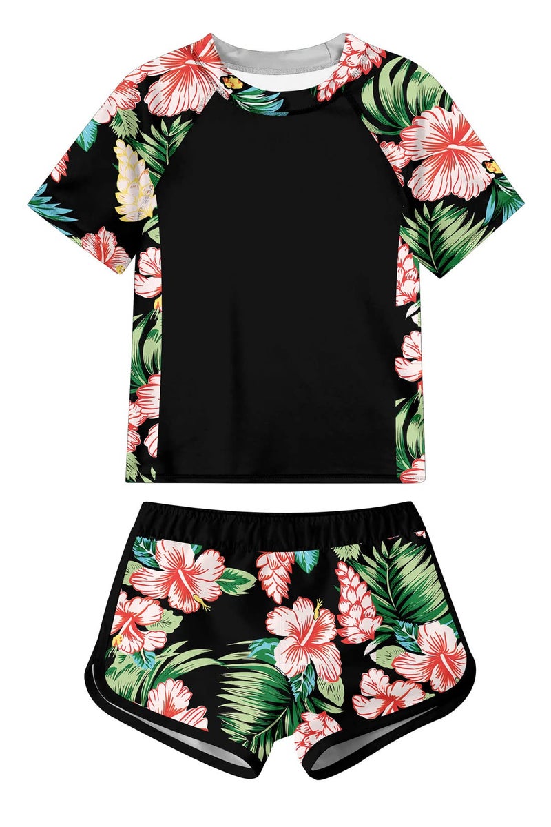 ADUKIDE Swimsuit for Girls Floral Two Piece Tankini Set Rash Guard Black Swimming Shirt with Shorts Size 13 14 Years Quick Dry Hawaii Beachwear - Image 1