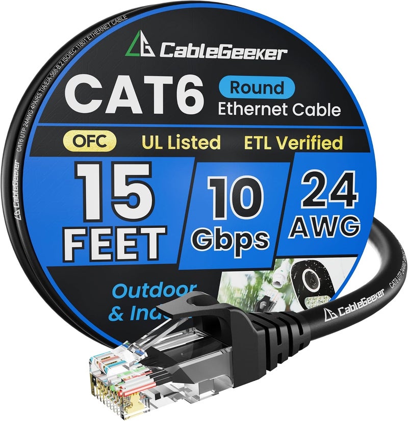 CableGeeker Cat 6 Ethernet Cable 15 ft, Indoor&Outdoor, High Speed 10Gbps 24AWG Pure Copper Internet Network Cable, Cat6 Ethernet Patch Cable Short, PoE Computer LAN Cable for Router, Modem, PS5/4, Black - Image 1
