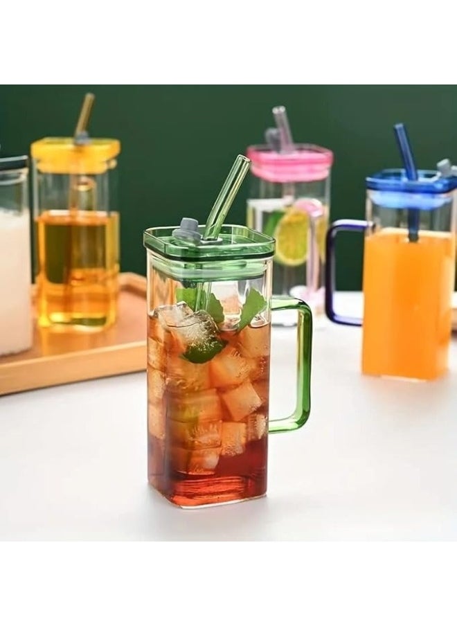 Generic Square Glass Cup with Plastic Lid and Glass Straw 350ml (Random Colors)  - Image 3