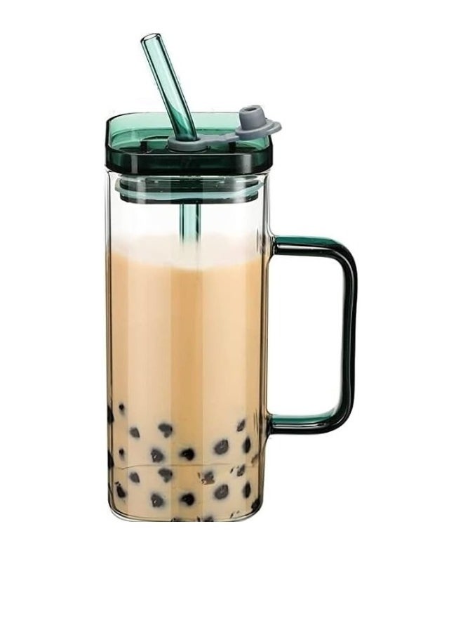 Generic Square Glass Cup with Plastic Lid and Glass Straw 350ml (Random Colors)  - Image 1