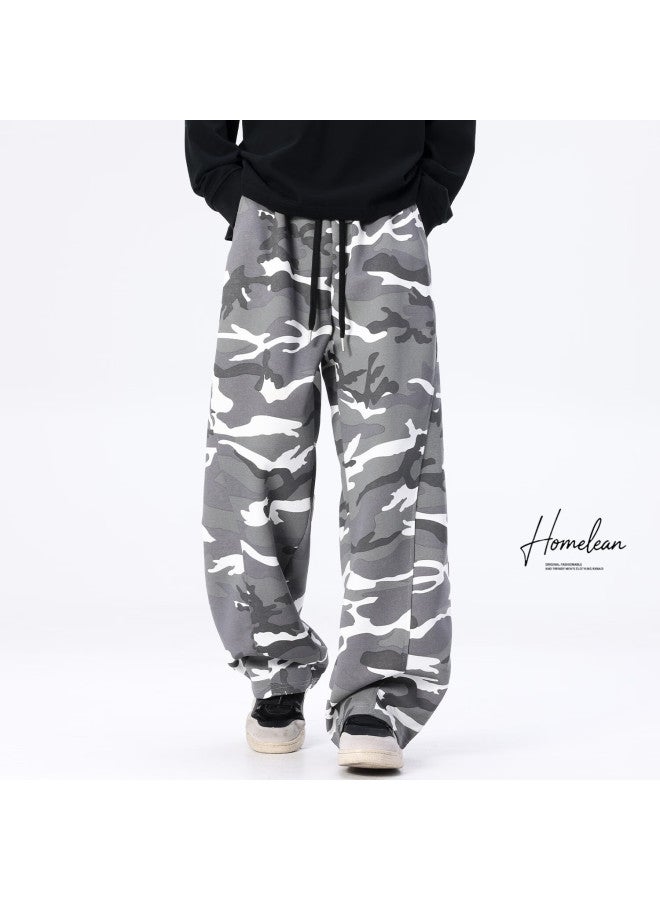 Homlean American Workwear Camouflage Pants Men Autumn Washed High Street Trendy Wide-leg Casual Pants Hl26 Camouflage Gray L - Image 2