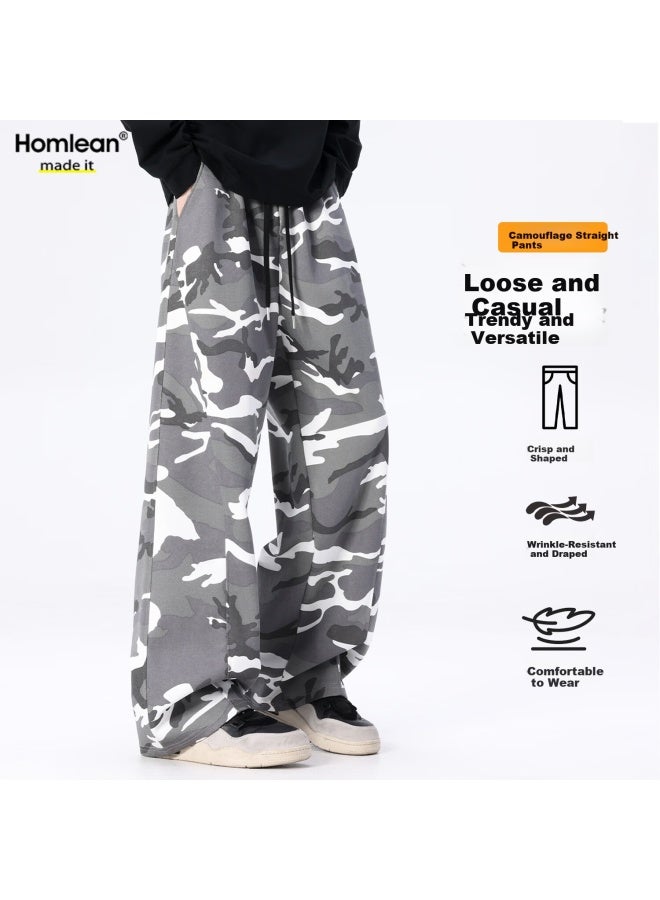 Homlean American Workwear Camouflage Pants Men Autumn Washed High Street Trendy Wide-leg Casual Pants Hl26 Camouflage Gray L - Image 1