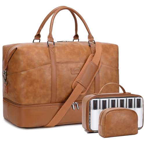 Stuery Faux Leather Weekender Bags for Women Large Overnight Bags Travel Duffel Bag Carry On Shoulder Weekend Tote with Shoe Laptop Compartment Toiletry Bags for Airplane Traveling Gym Brown - Image 1