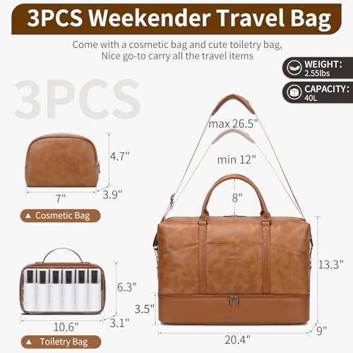 Stuery Faux Leather Weekender Bags for Women Large Overnight Bags Travel Duffel Bag Carry On Shoulder Weekend Tote with Shoe Laptop Compartment Toiletry Bags for Airplane Traveling Gym Brown - Image 3