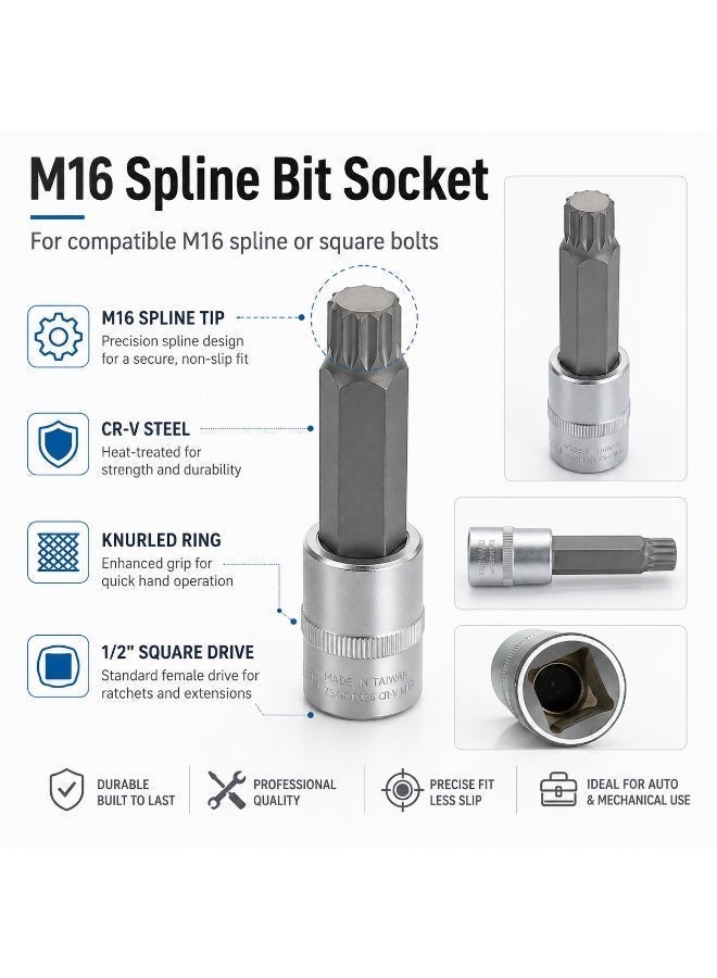 M16 Spline Bit Socket 1/2 Inch Drive, 4 Inch Long CR-V Square Socket Tool for Ratchet, Car Repair, Workshop & DIY Maintenance - Image 4
