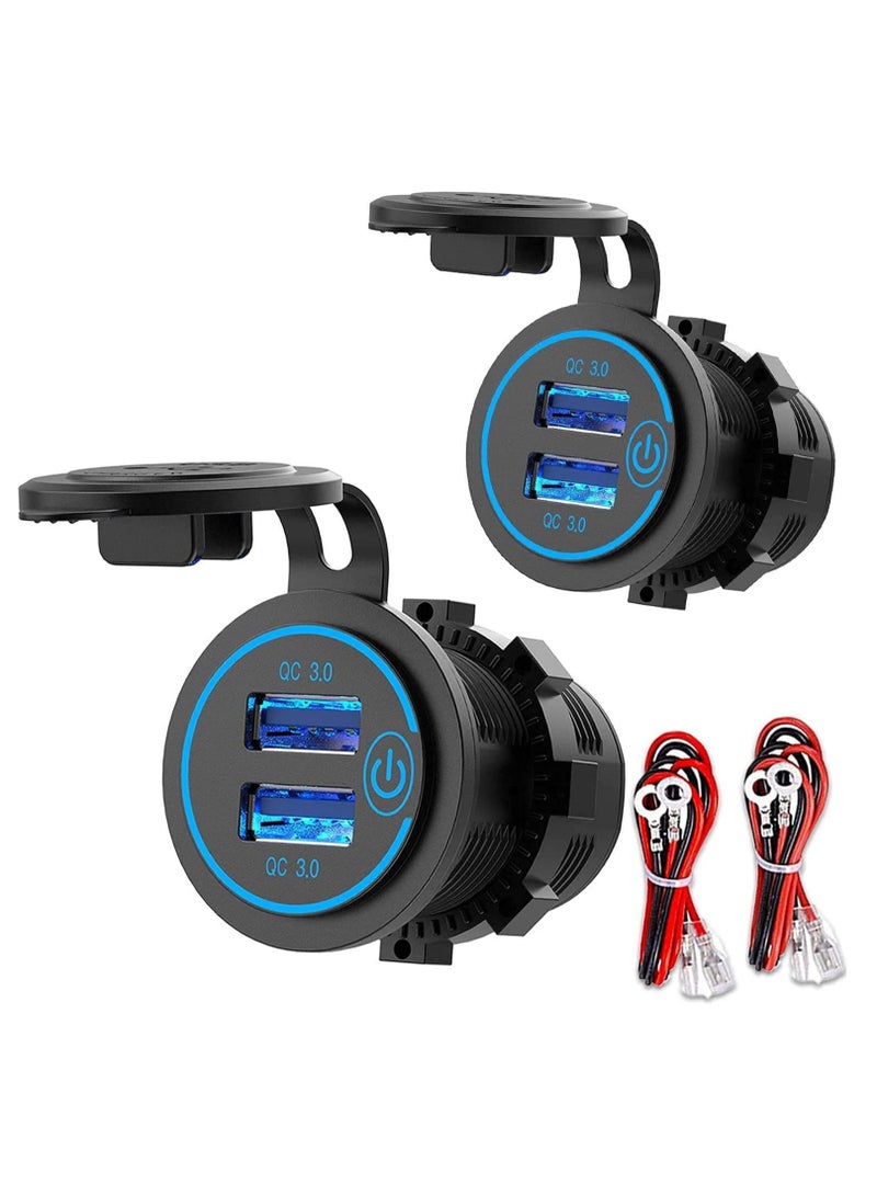 USB Outlet, Quick Charge 3.0 Dual USB Power Outlet 12V with Touch Switch, Waterproof 12V/24V Fast Charge USB Charger Socket DIY Kit for Car Boat Marine Bus Truck Golf Cart RV Motorcycle 2 Pack