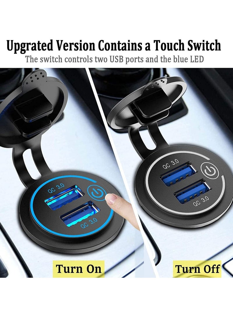 USB Outlet, Quick Charge 3.0 Dual USB Power Outlet 12V with Touch Switch, Waterproof 12V/24V Fast Charge USB Charger Socket DIY Kit for Car Boat Marine Bus Truck Golf Cart RV Motorcycle 2 Pack