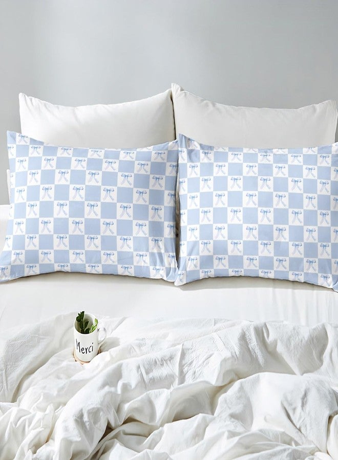 Man Fei Blue Bowknot Bedding Set Twin Size Dreamy Bow Minimalist Grids Plaids Geometric Bed Set for Teens Kids Sheet Microfiber Princess Style Blue White Bed Cover(1 Fitted Sheet+1 Pillow Case) - Image 5