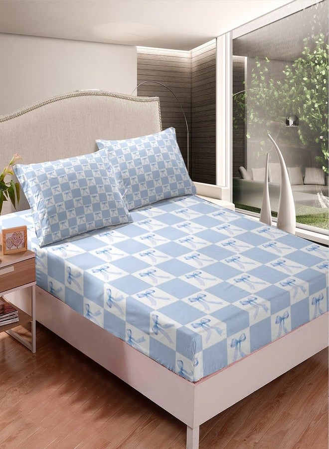 Man Fei Blue Bowknot Bedding Set Twin Size Dreamy Bow Minimalist Grids Plaids Geometric Bed Set for Teens Kids Sheet Microfiber Princess Style Blue White Bed Cover(1 Fitted Sheet+1 Pillow Case) - Image 2