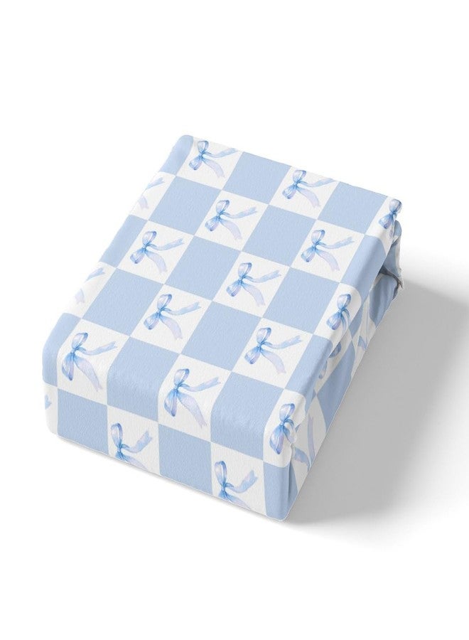 Man Fei Blue Bowknot Bedding Set Twin Size Dreamy Bow Minimalist Grids Plaids Geometric Bed Set for Teens Kids Sheet Microfiber Princess Style Blue White Bed Cover(1 Fitted Sheet+1 Pillow Case) - Image 4