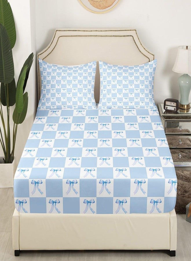 Man Fei Blue Bowknot Bedding Set Twin Size Dreamy Bow Minimalist Grids Plaids Geometric Bed Set for Teens Kids Sheet Microfiber Princess Style Blue White Bed Cover(1 Fitted Sheet+1 Pillow Case) - Image 3