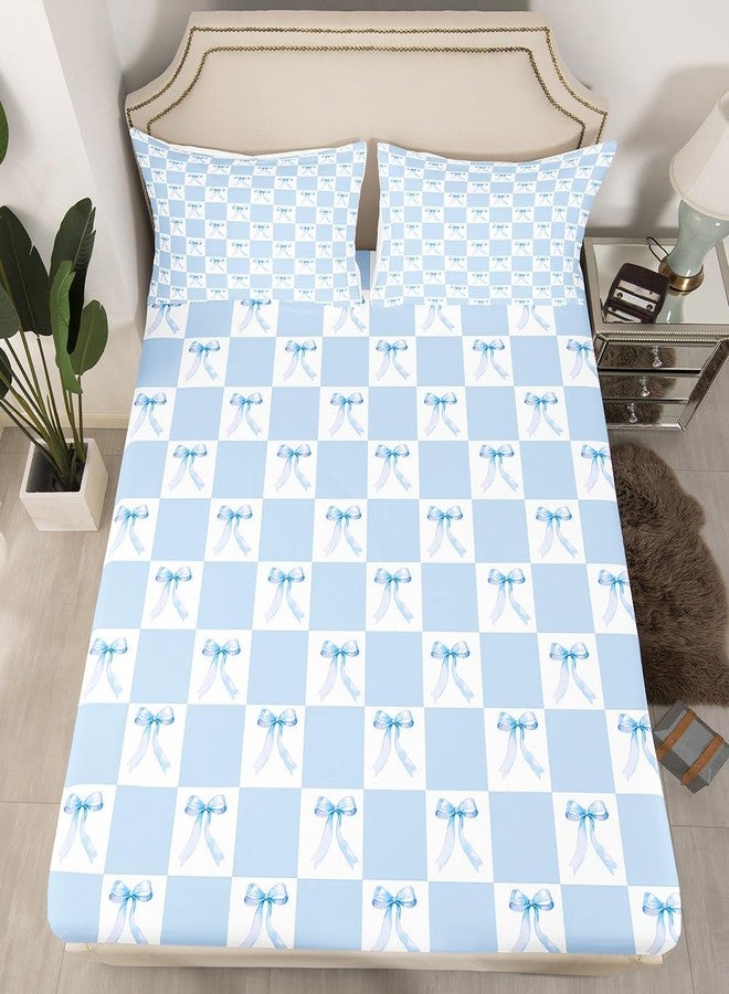 Man Fei Blue Bowknot Bedding Set Twin Size Dreamy Bow Minimalist Grids Plaids Geometric Bed Set for Teens Kids Sheet Microfiber Princess Style Blue White Bed Cover(1 Fitted Sheet+1 Pillow Case) - Image 1