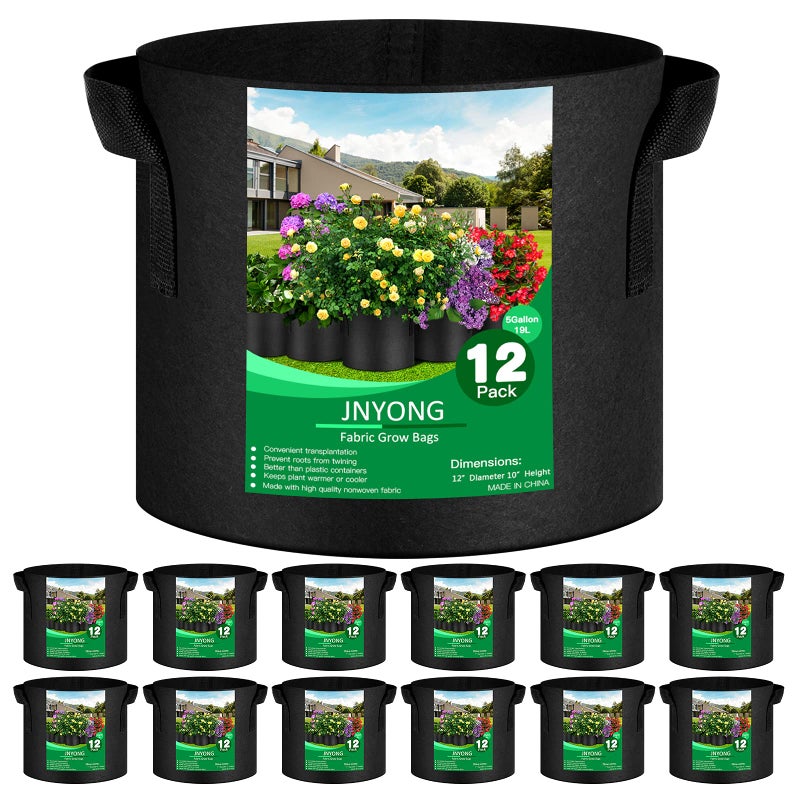 JNYONG 12-Pack 5 Gallon Thickened Non-Woven Grow Bags, Aeration Fabric Pots with Handles - Image 1