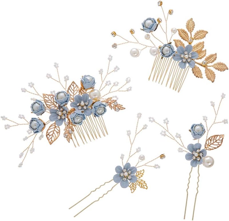 Toyvian 4pcs rhinestone hair combs floral bridal headpiece crystals headband decorative bridal headband wedding party evening hairBlue