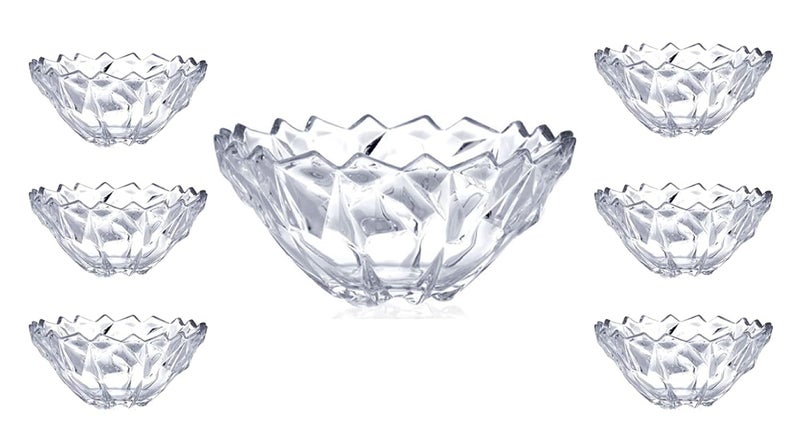 MARTVIA Glass Serving Bowls Set, 7 pcs Dessert Bowl Set, Glassware Tableware Serving Bowl Set for Ice-Cream, Fruit, Candy, Pasta, Salad, Sugar 1 Big Bowl, 6 Small Bowl (Hezal - A, Set of 7) - Image 1