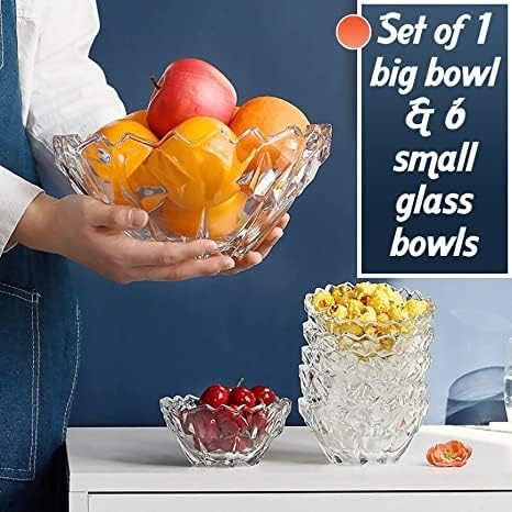 MARTVIA Glass Serving Bowls Set, 7 pcs Dessert Bowl Set, Glassware Tableware Serving Bowl Set for Ice-Cream, Fruit, Candy, Pasta, Salad, Sugar 1 Big Bowl, 6 Small Bowl (Hezal - A, Set of 7) - Image 3